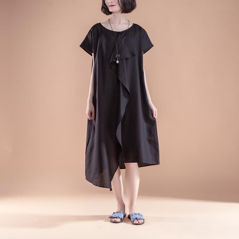 Short Sleeve High-low Hem Summer Casual Black Dress - Omychic