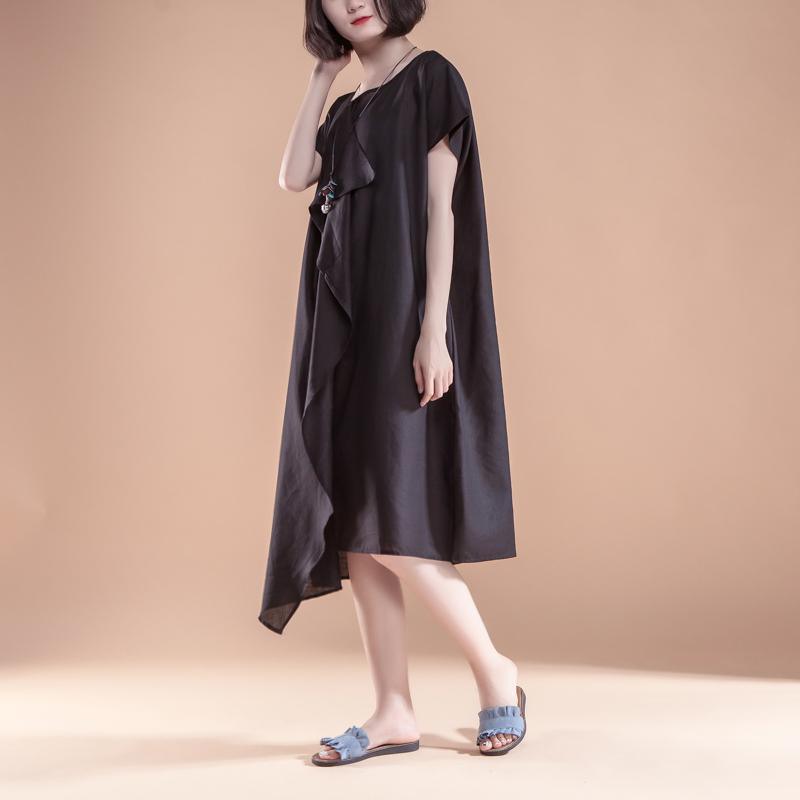 Short Sleeve High-low Hem Summer Casual Black Dress - Omychic
