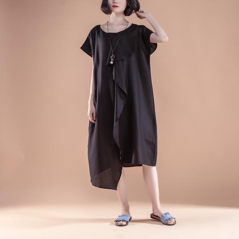Short Sleeve High-low Hem Summer Casual Black Dress - Omychic