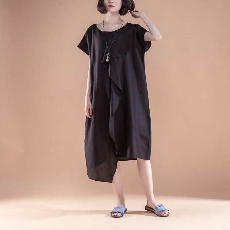Short Sleeve High-low Hem Summer Casual Black Dress - Omychic