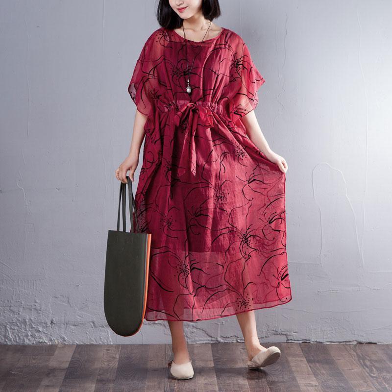 Spring Summer Round Neck Short Sleeve Printed Red Dress - Omychic