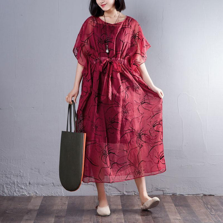 Spring Summer Round Neck Short Sleeve Printed Red Dress - Omychic