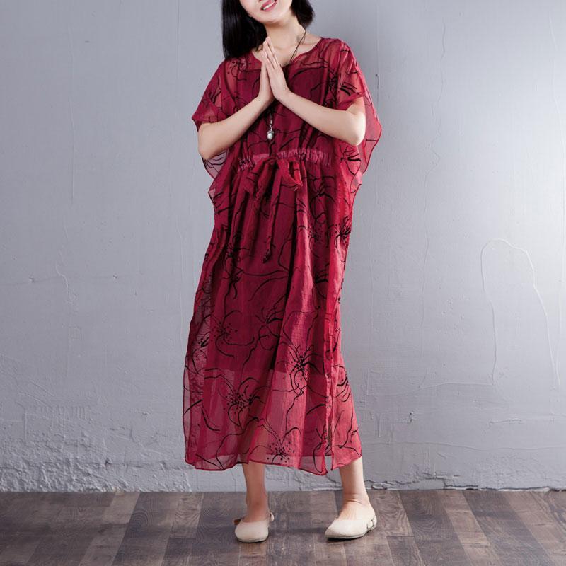 Spring Summer Round Neck Short Sleeve Printed Red Dress - Omychic