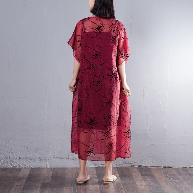 Spring Summer Round Neck Short Sleeve Printed Red Dress - Omychic