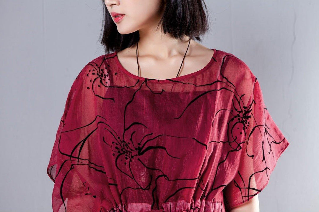 Spring Summer Round Neck Short Sleeve Printed Red Dress - Omychic