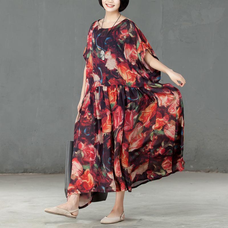 Spring Floral Printed Round Neck Short Sleeve Women Dress - Omychic