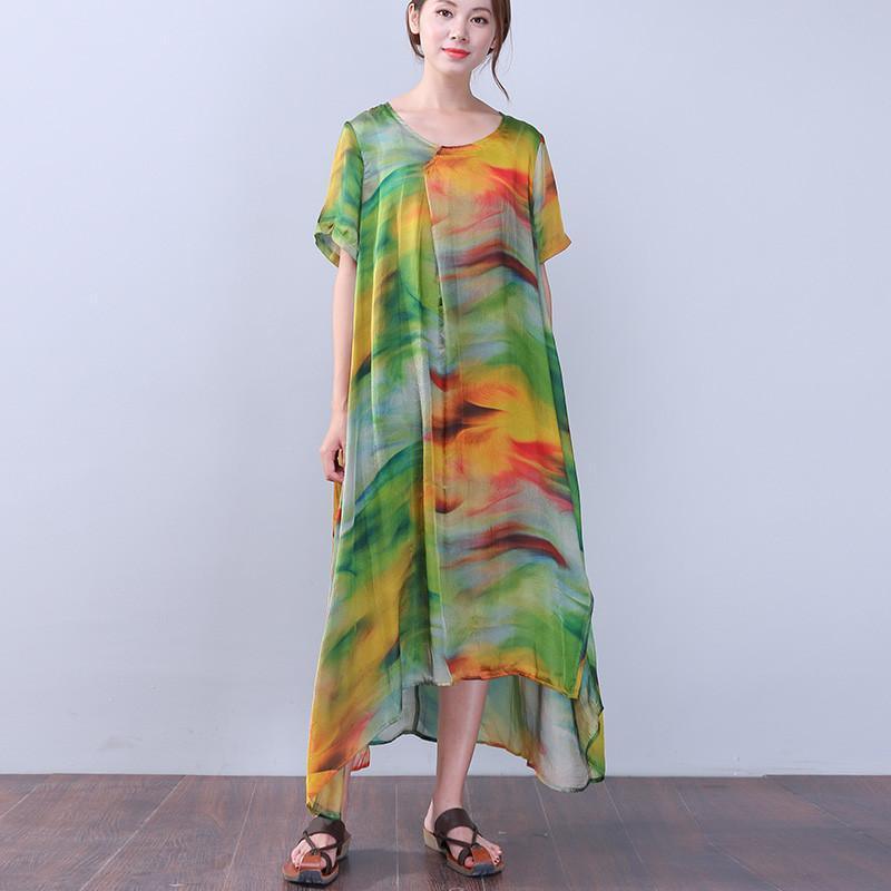 Retro Slit Printing Silk Women Short Sleeves Green Dress - Omychic