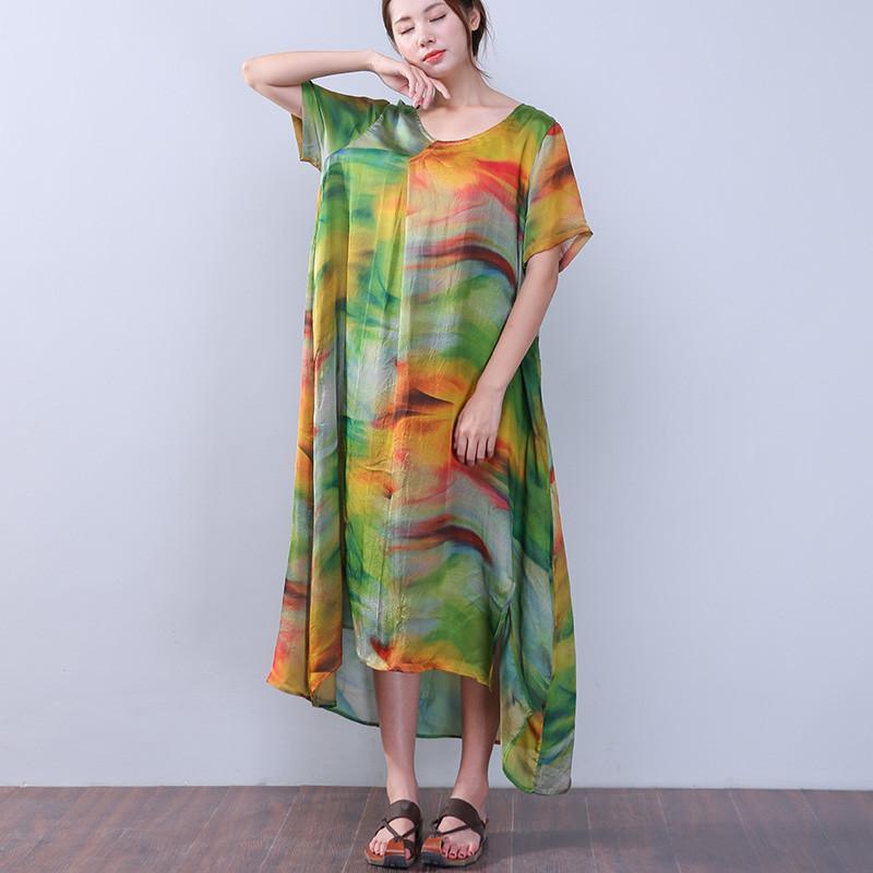 Retro Slit Printing Silk Women Short Sleeves Green Dress - Omychic