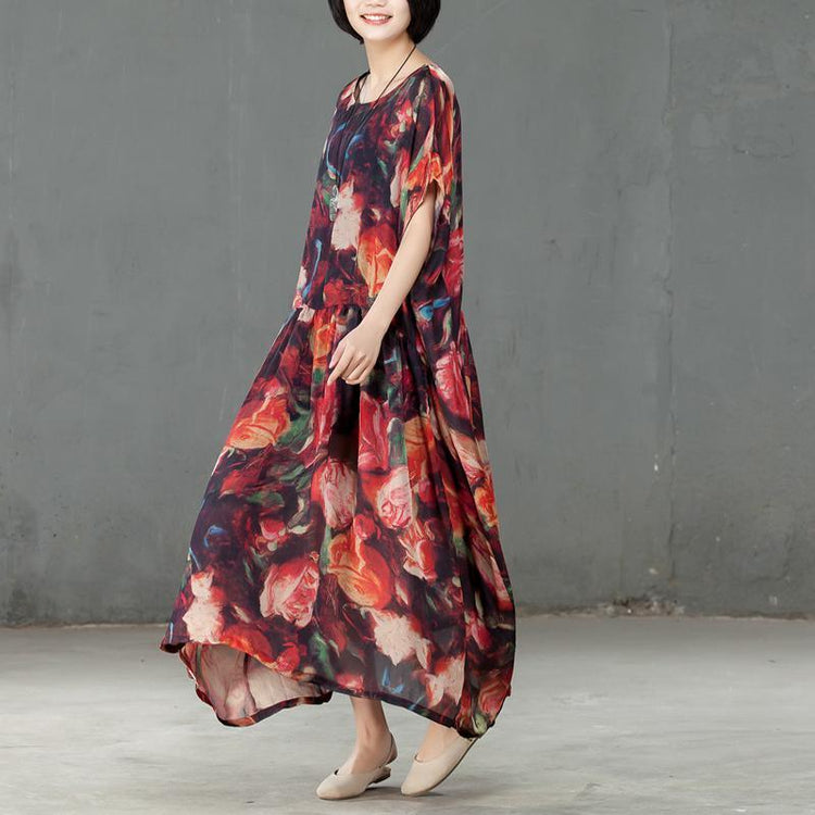 Spring Floral Printed Round Neck Short Sleeve Women Dress - Omychic