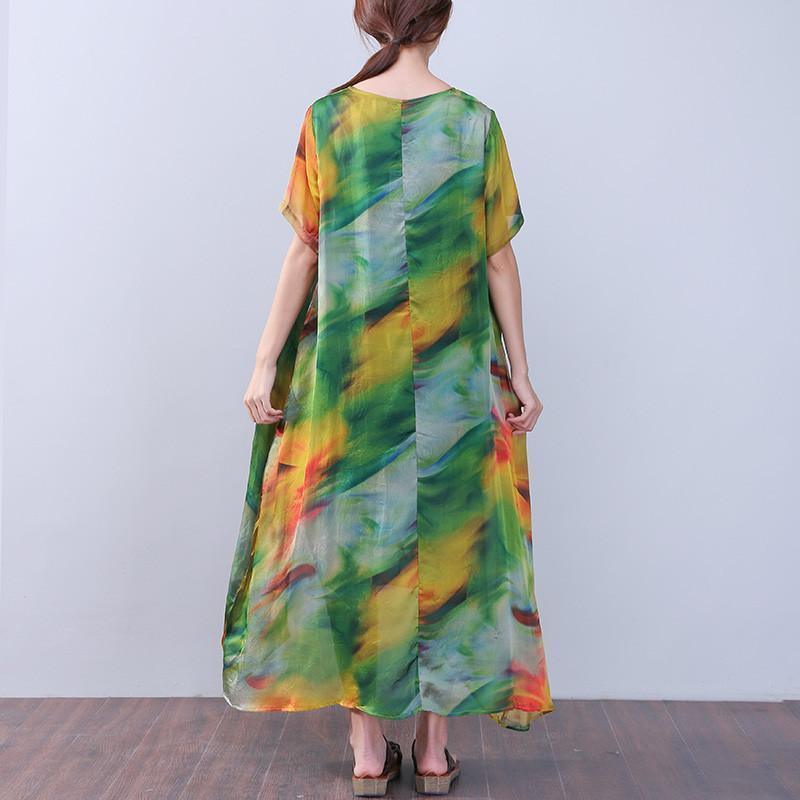 Retro Slit Printing Silk Women Short Sleeves Green Dress - Omychic