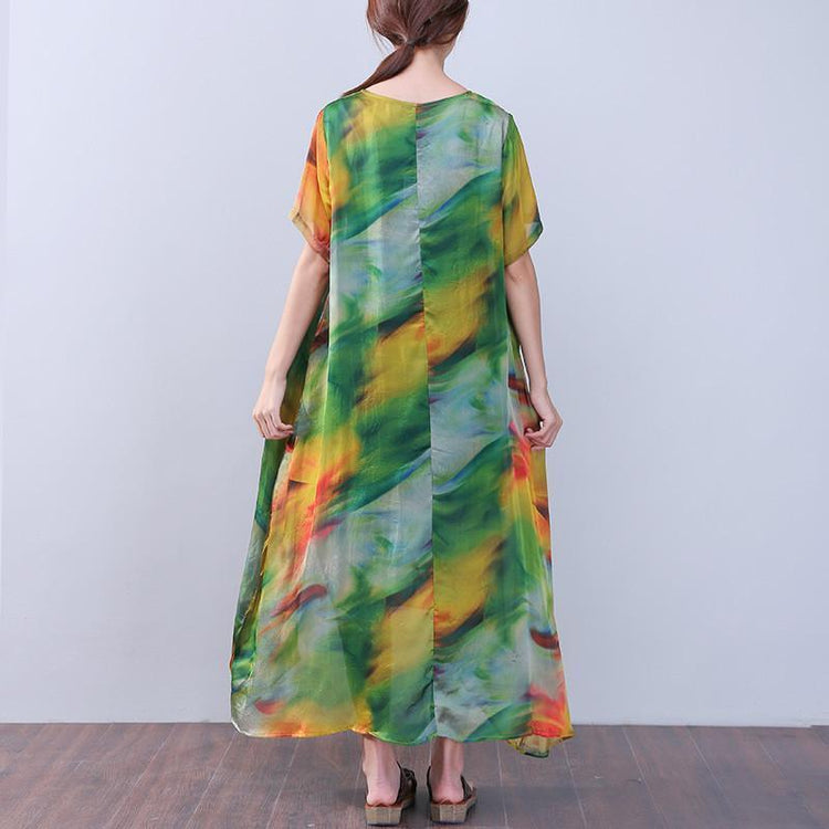Retro Slit Printing Silk Women Short Sleeves Green Dress - Omychic