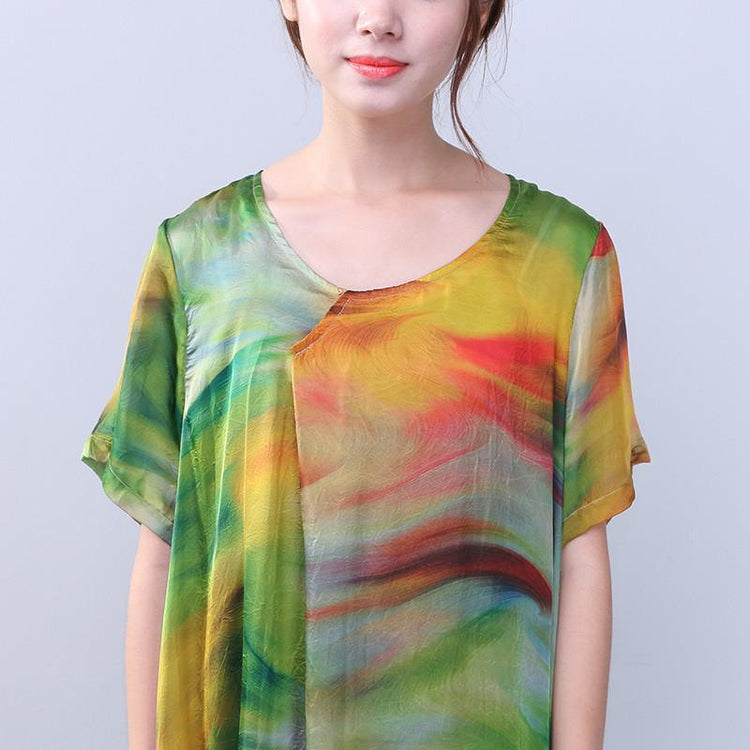 Retro Slit Printing Silk Women Short Sleeves Green Dress - Omychic