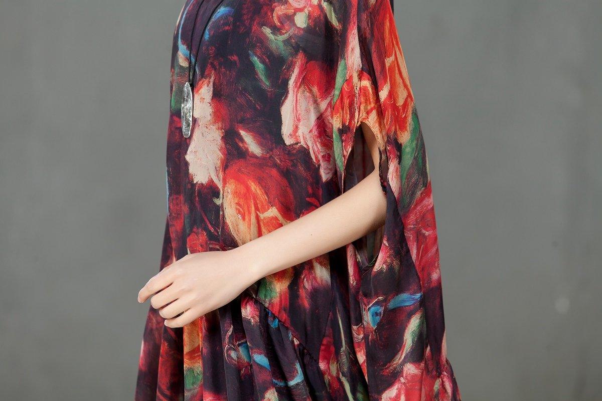 Spring Floral Printed Round Neck Short Sleeve Women Dress - Omychic
