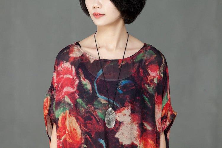 Spring Floral Printed Round Neck Short Sleeve Women Dress - Omychic