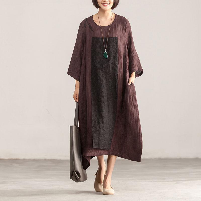 Splicing Loose Three Quarter Sleeve Wine Red Linen Dress - Omychic