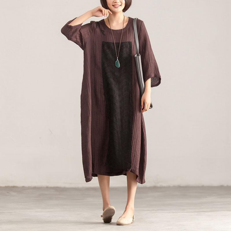 Splicing Loose Three Quarter Sleeve Wine Red Linen Dress - Omychic