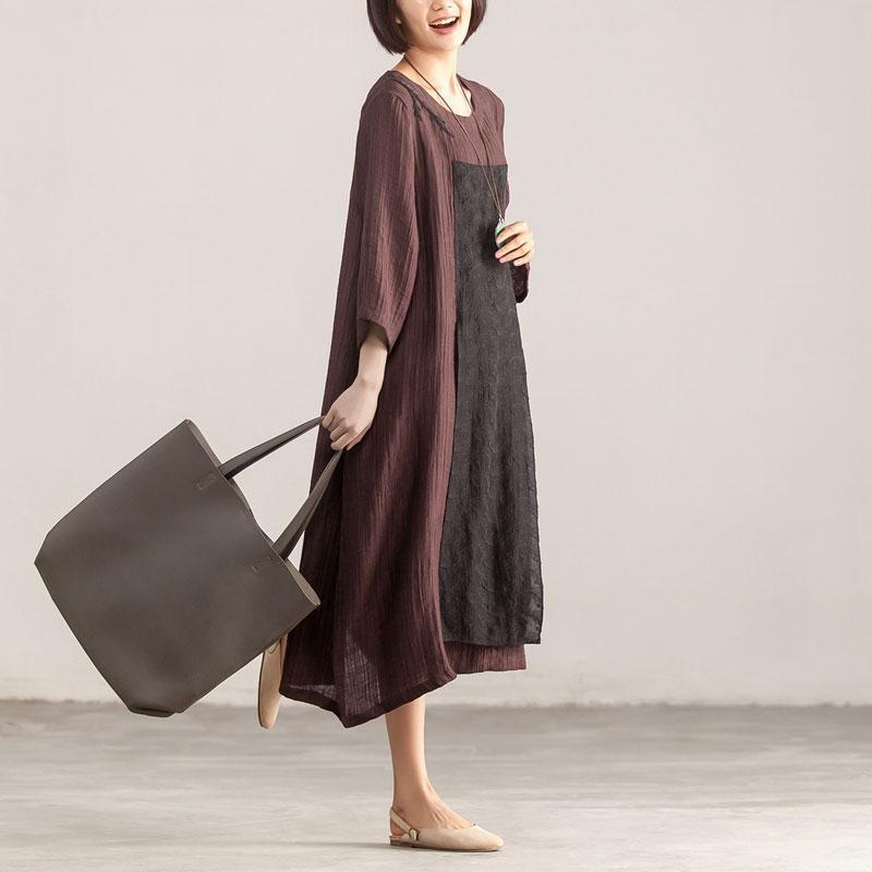 Splicing Loose Three Quarter Sleeve Wine Red Linen Dress - Omychic