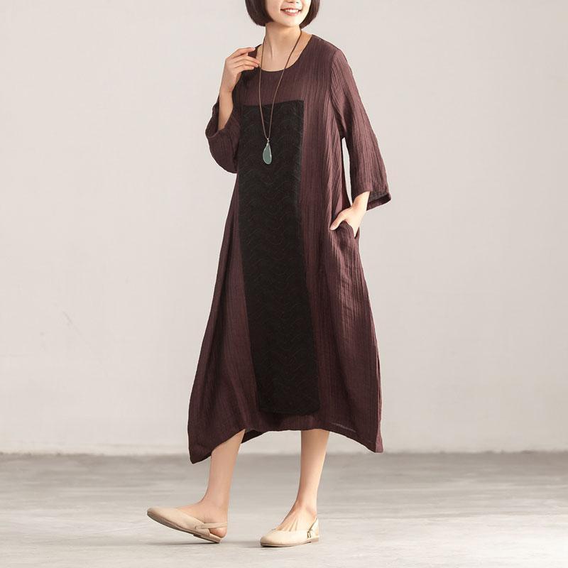 Splicing Loose Three Quarter Sleeve Wine Red Linen Dress - Omychic