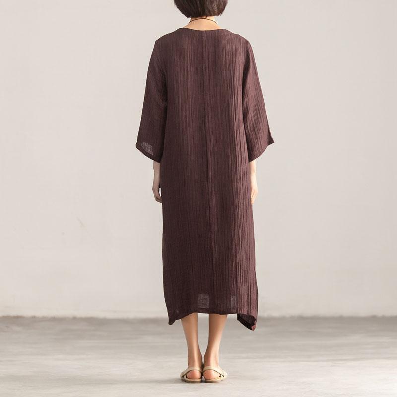 Splicing Loose Three Quarter Sleeve Wine Red Linen Dress - Omychic