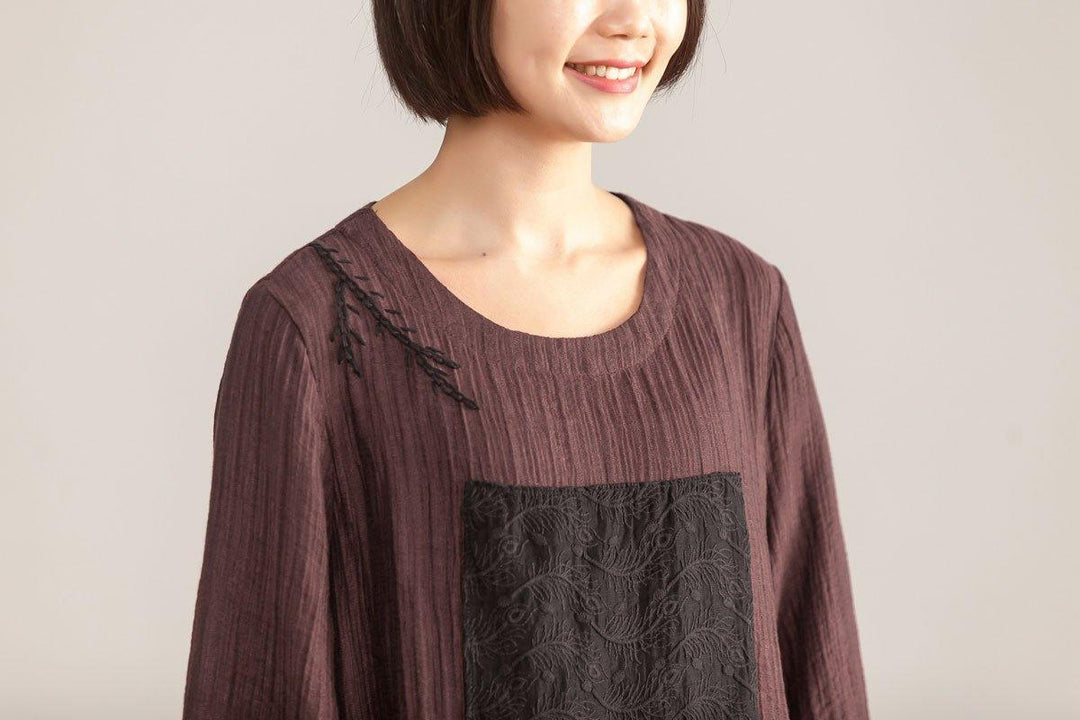 Splicing Loose Three Quarter Sleeve Wine Red Linen Dress - Omychic