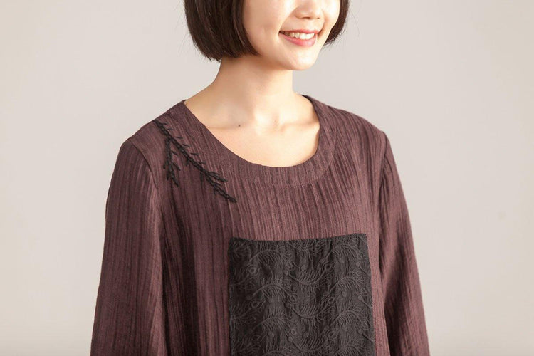 Splicing Loose Three Quarter Sleeve Wine Red Linen Dress - Omychic