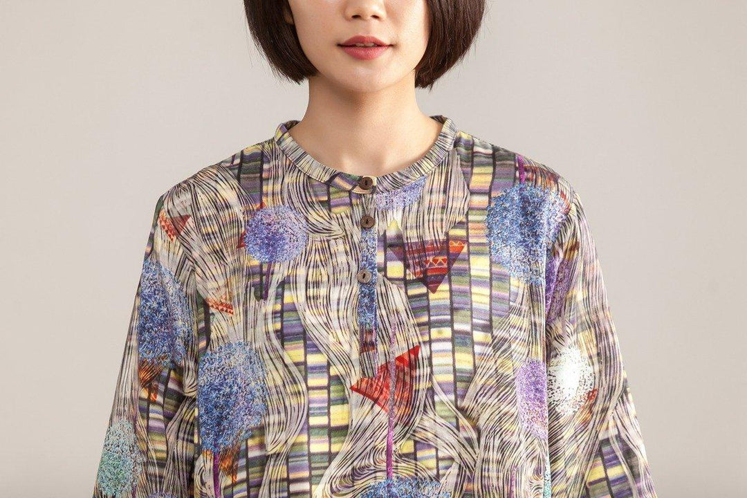 Stand Collar Three Quarter Sleeve Retro Printed Dress - Omychic