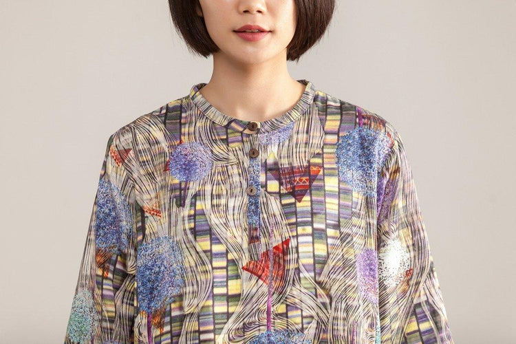 Stand Collar Three Quarter Sleeve Retro Printed Dress - Omychic