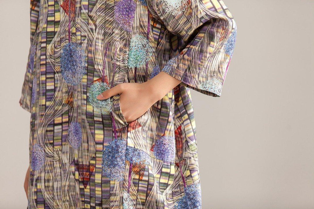 Stand Collar Three Quarter Sleeve Retro Printed Dress - Omychic
