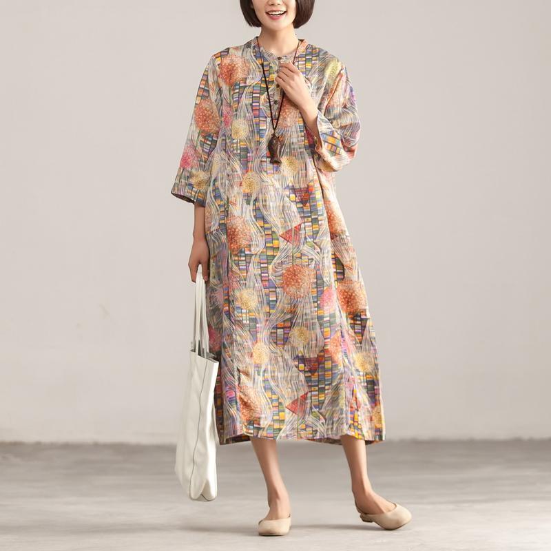 Stand Collar Three Quarter Sleeve Retro Printed Dress - Omychic
