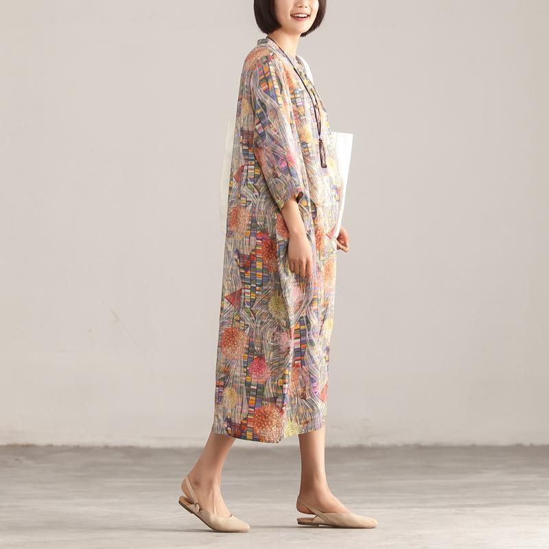 Stand Collar Three Quarter Sleeve Retro Printed Dress - Omychic