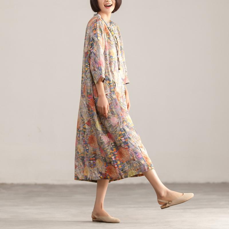 Stand Collar Three Quarter Sleeve Retro Printed Dress - Omychic