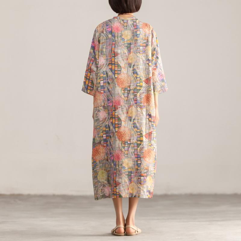 Stand Collar Three Quarter Sleeve Retro Printed Dress - Omychic