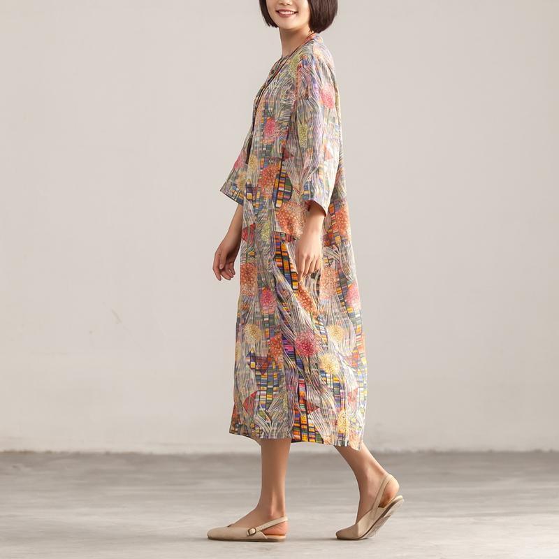 Stand Collar Three Quarter Sleeve Retro Printed Dress - Omychic