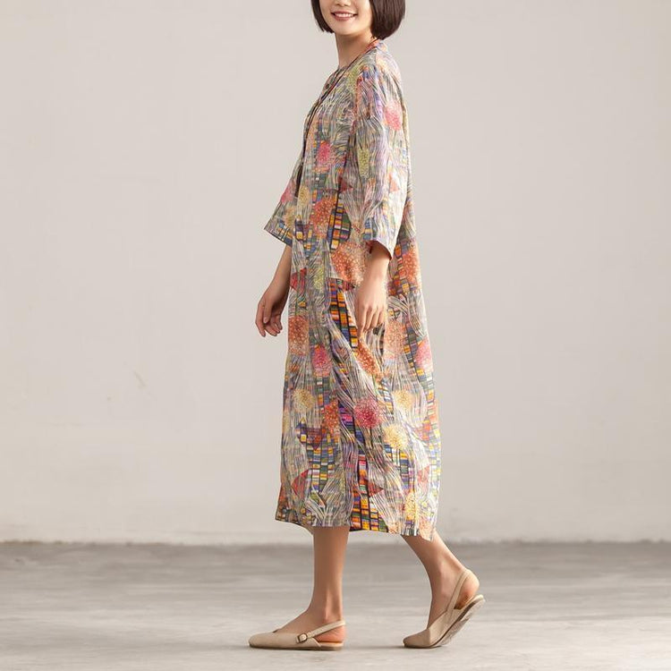 Stand Collar Three Quarter Sleeve Retro Printed Dress - Omychic