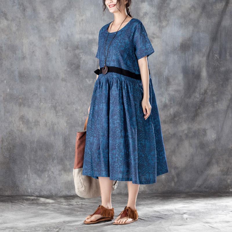 Printed Lacing Short Sleeve Dresses Blue Pleated Dress - Omychic