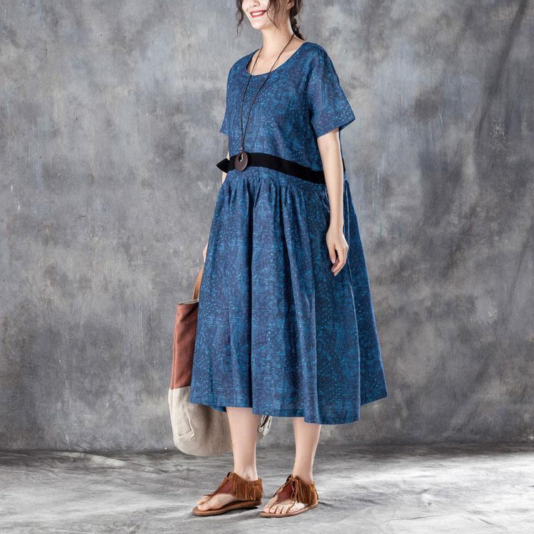 Printed Lacing Short Sleeve Dresses Blue Pleated Dress - Omychic