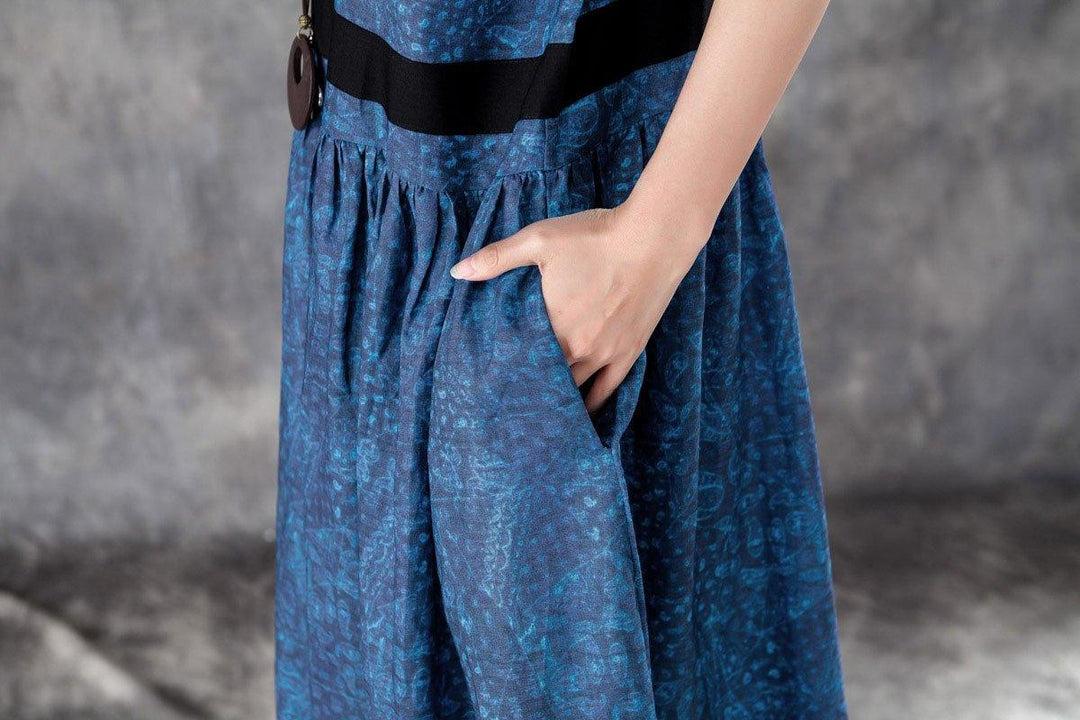 Printed Lacing Short Sleeve Dresses Blue Pleated Dress - Omychic