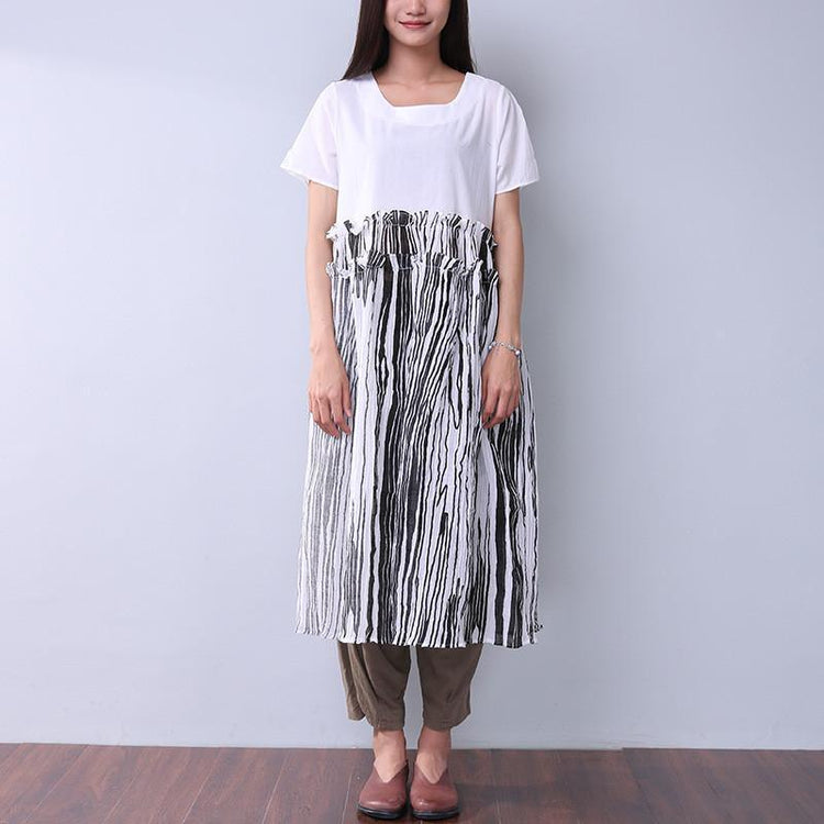 Summer Printing Women Folded Splicing White Dress - Omychic
