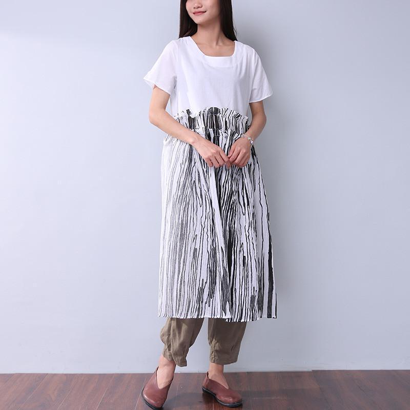 Summer Printing Women Folded Splicing White Dress - Omychic
