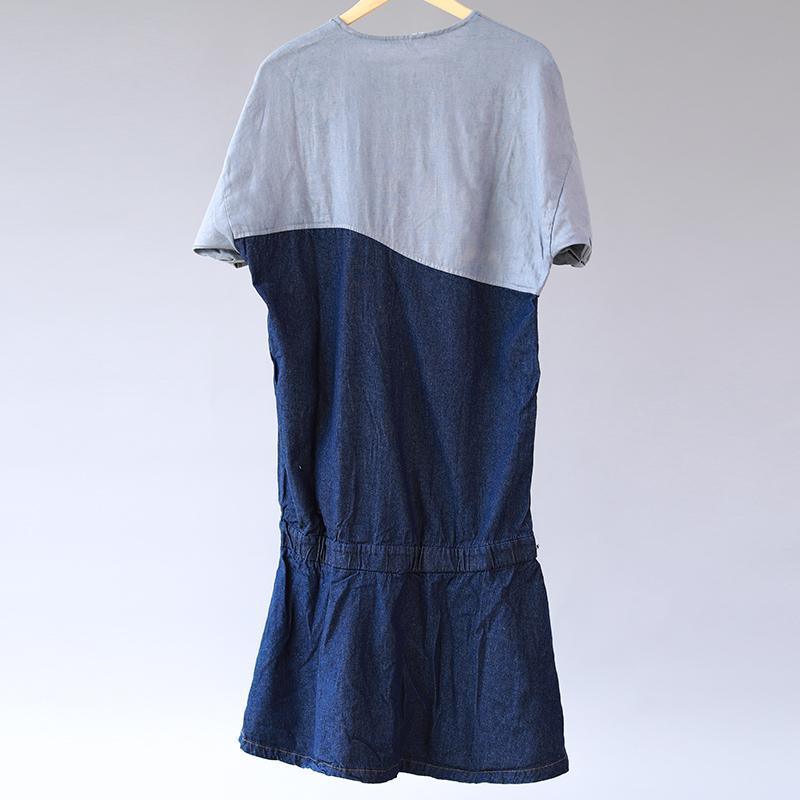 Splicing Cotton Loose Women Casual Short Sleeve Dress - Omychic