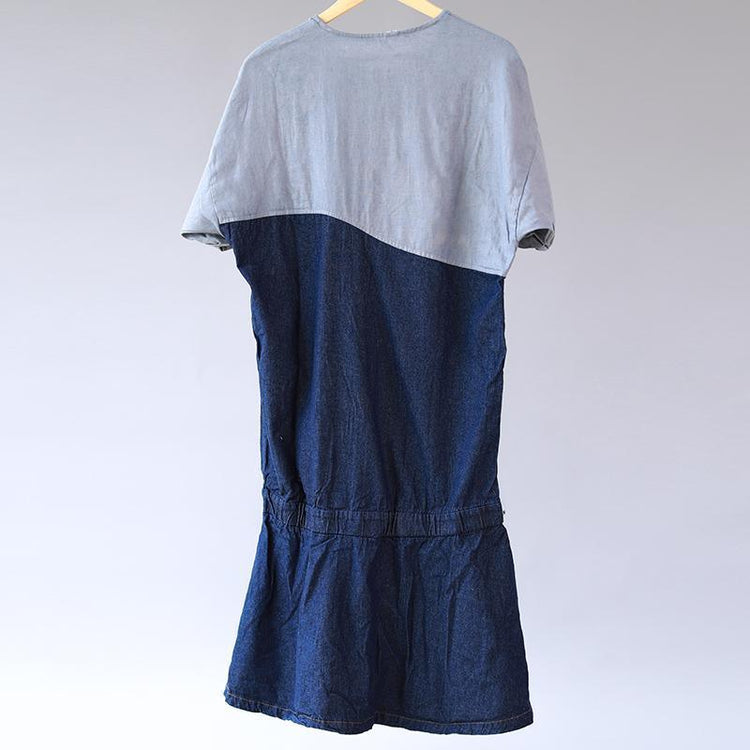Splicing Cotton Loose Women Casual Short Sleeve Dress - Omychic