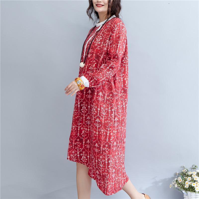 Printing Stand Collar Autumn Long Sleeve Red Dress For Women - Omychic