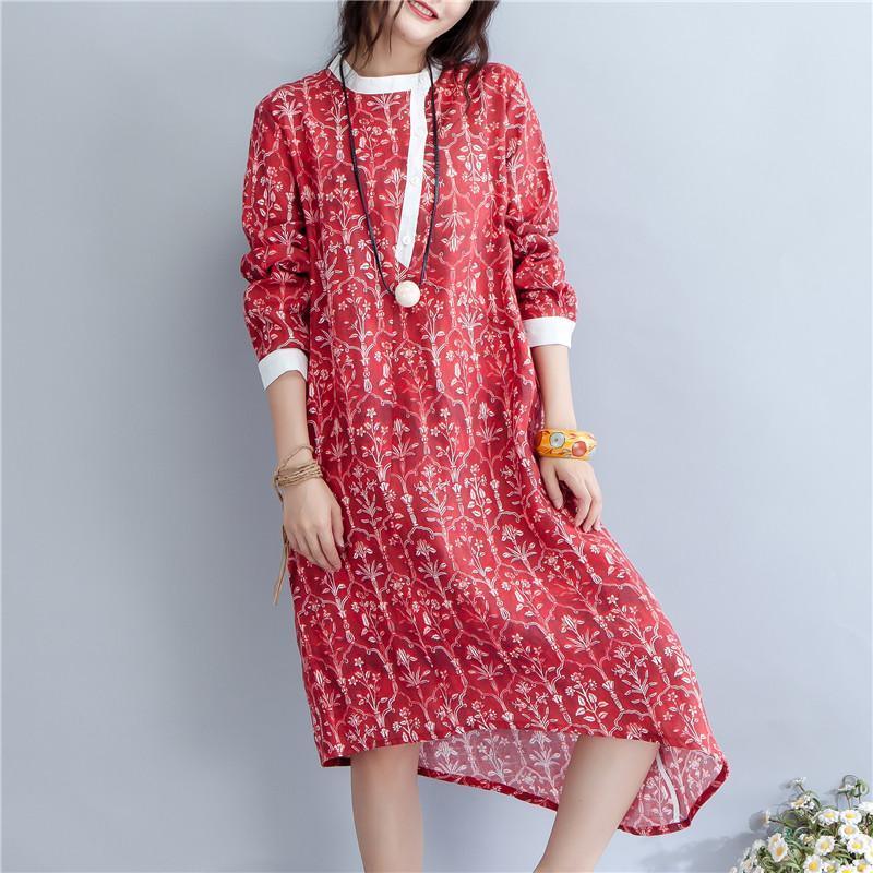 Printing Stand Collar Autumn Long Sleeve Red Dress For Women - Omychic
