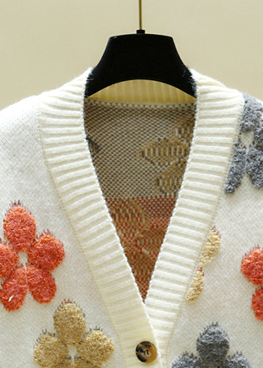 Italian Beige V Neck Embroideried Floral Cozy Knit Cardigans Fall