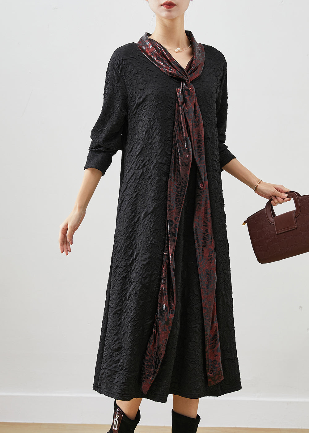Italian Black Shawl Collar Wrinkled Cotton Dresses Fall
