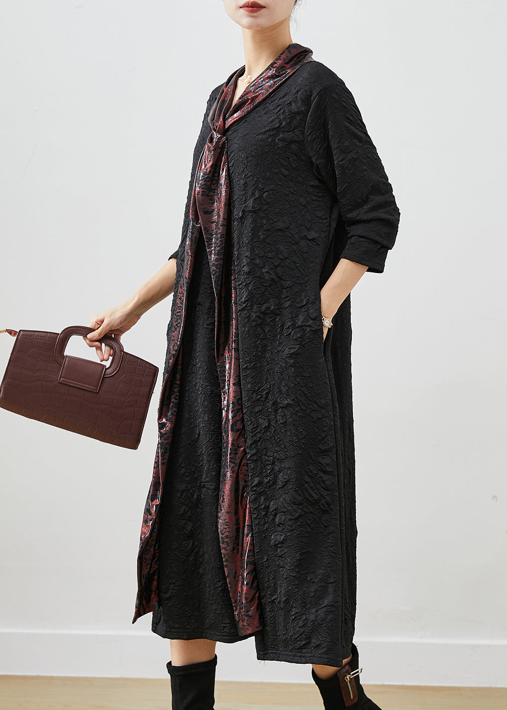 Italian Black Shawl Collar Wrinkled Cotton Dresses Fall