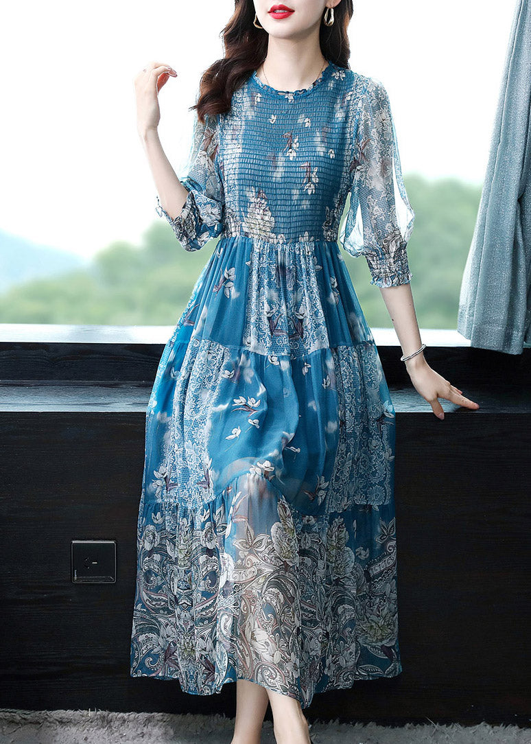 Italian Blue O-Neck Wrinkled Ruffled Tunic Silk Maxi Print Dresses Spring