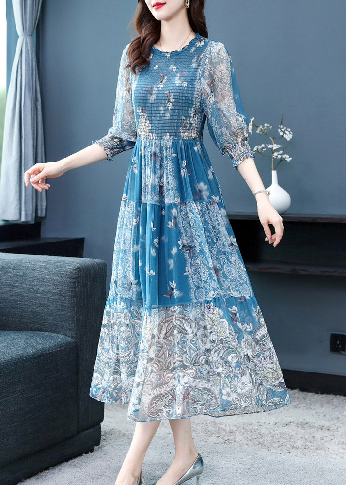 Italian Blue O-Neck Wrinkled Ruffled Tunic Silk Maxi Print Dresses Spring