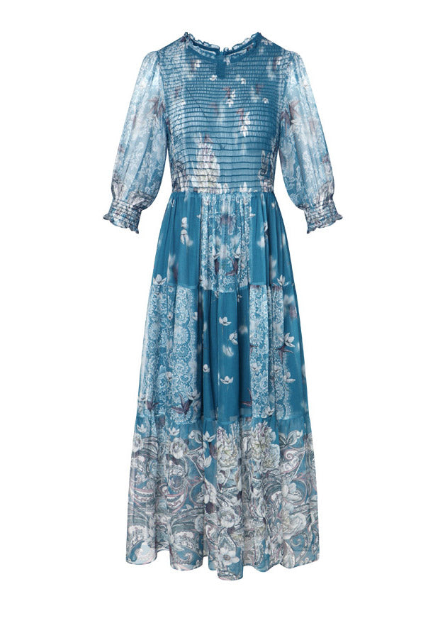 Italian Blue O-Neck Wrinkled Ruffled Tunic Silk Maxi Print Dresses Spring