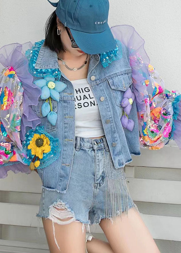Italian Blue Tulle Ruffled Sequins Floral Decorated Patchwork Denim Co Omychic